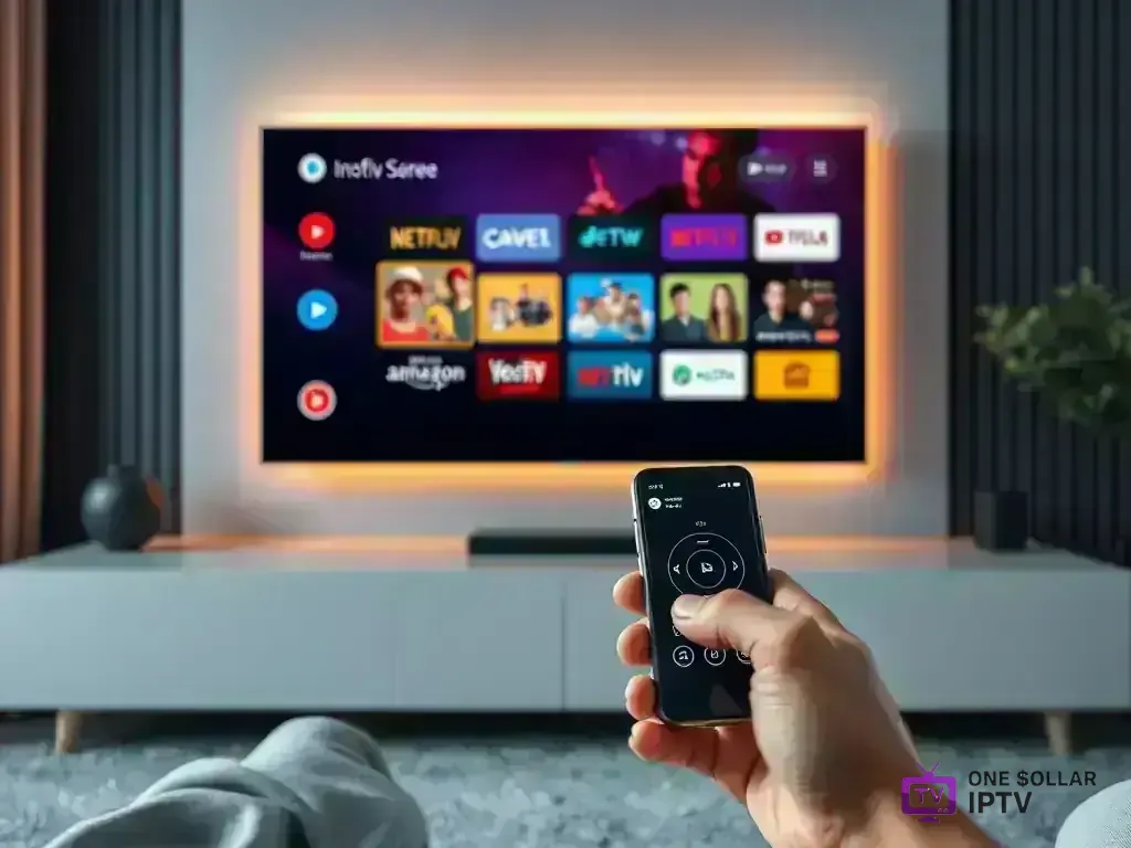 Android TV remote control and smartphone controlling TV screen