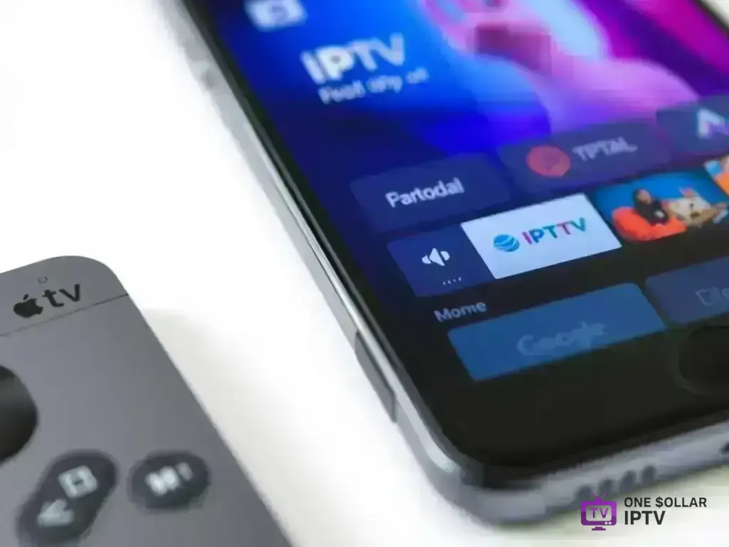 iPhone screen showing IPTV app interface with Apple TV remote